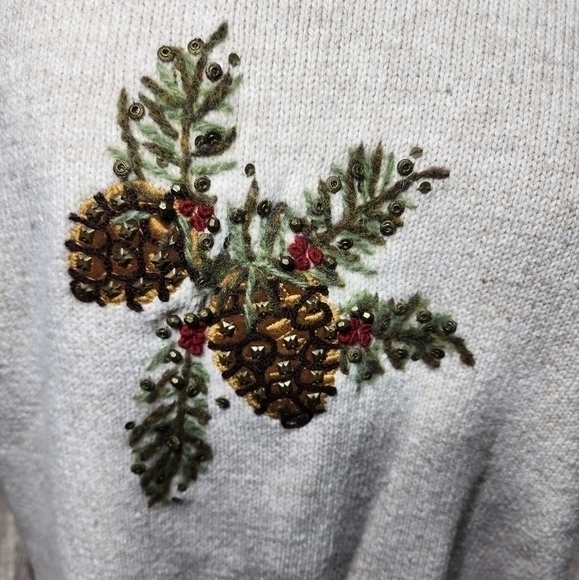 Orvis Women's‎ Wool Blend Beige Embroidered Pine Cone Crew Neck Sweater Medium - Picture 2 of 13